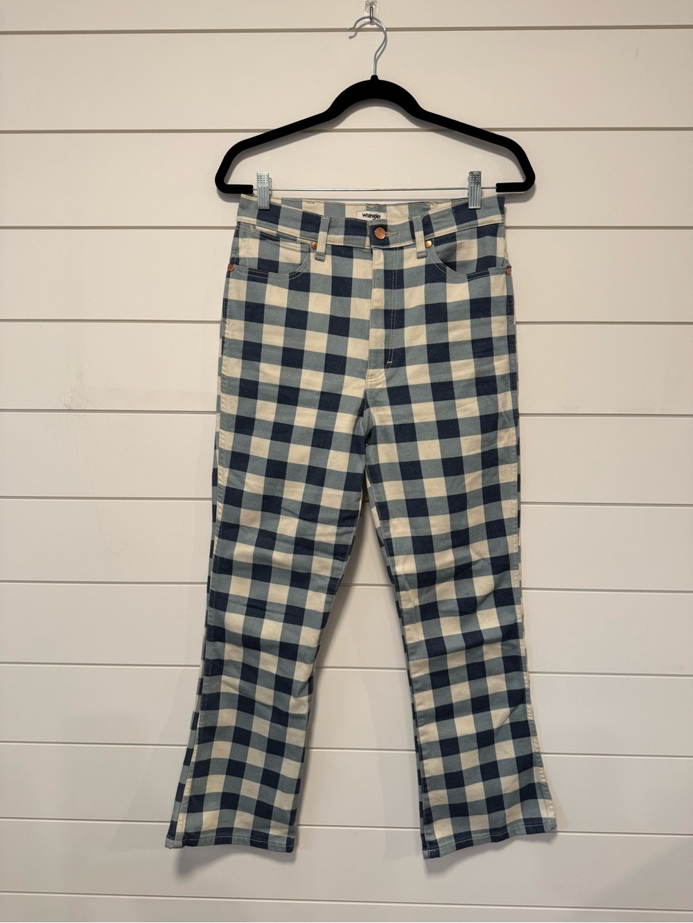 Wrangler Blue & Cream Checked High Rise Kick Flare Jeans Size 29